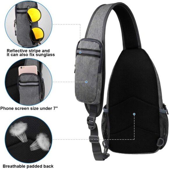 Waterfly Men Women Dark Gray Crossbody Adjustable Strap Hiking Sling Backpack - Picture 4 of 6